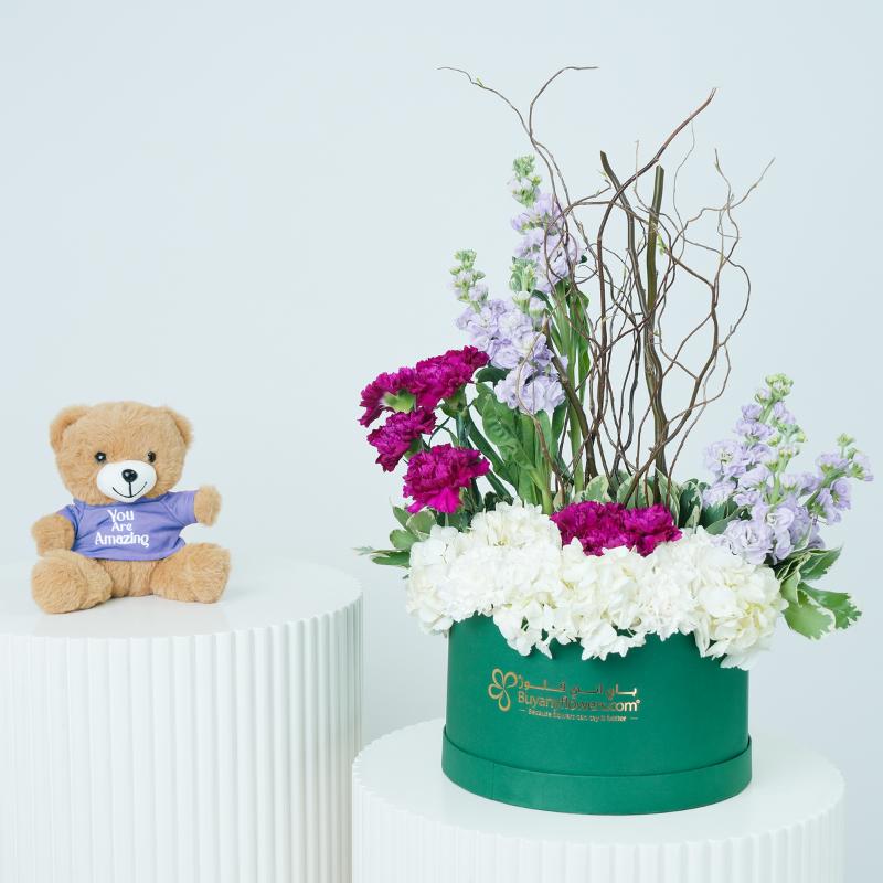 Royal Violet Bloom Box With Teddy - Gift Sets gift from Buy Any Flowers Dubai in Al Quoz Industrial Area 4, Dubai, UAE