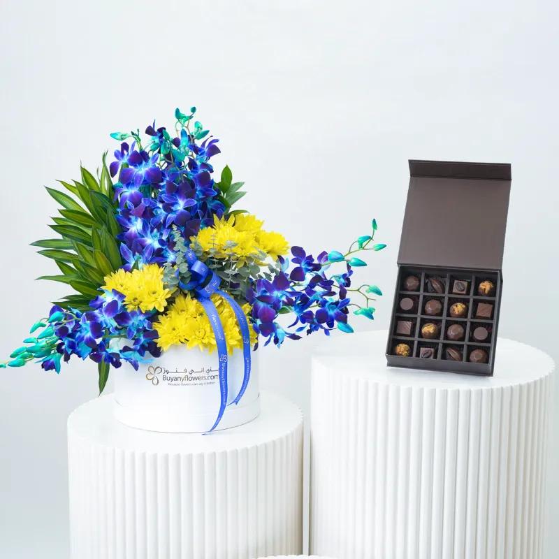 Azure Orchid Flower Box With Chocolate - Gift Sets gift from Buy Any Flowers Dubai in Al Quoz Industrial Area 4, Dubai, UAE