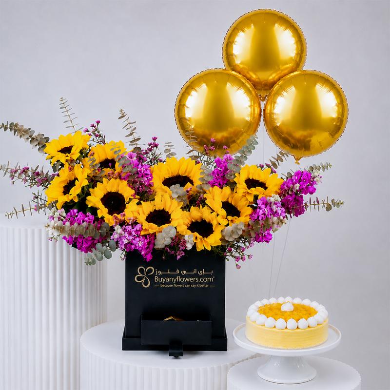 Sunshine Flowers with Cake and Balloons - Gift Sets gift from Buy Any Flowers Dubai in Al Quoz Industrial Area 4, Dubai, UAE