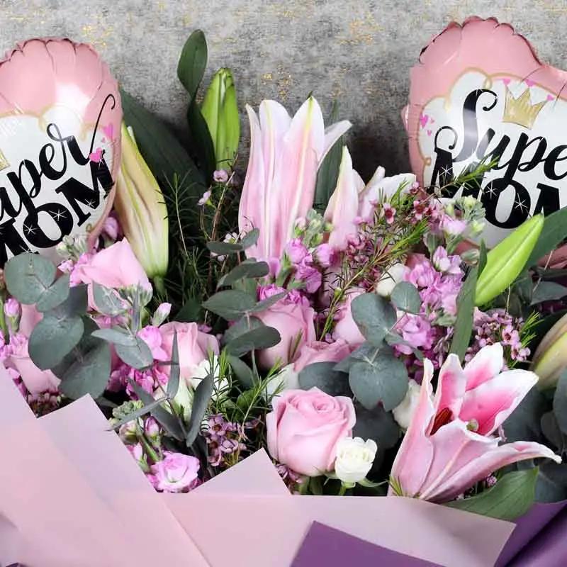 Flowers and Super Mom Balloons Bouquet thumbnail 3