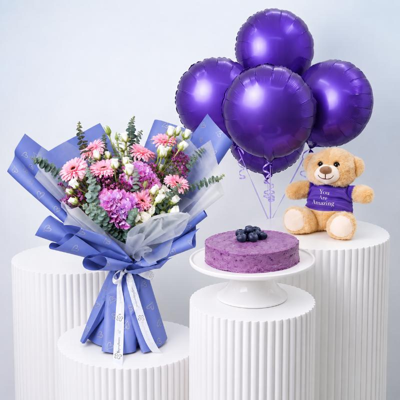 Purple Blush Bouquet with Cake Bundle in Dubai
