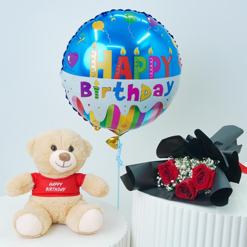 Birthday Red Roses & Teddy with Balloon - Gift Sets gift from Buy Any Flowers Dubai in Al Quoz Industrial Area 4, Dubai, UAE