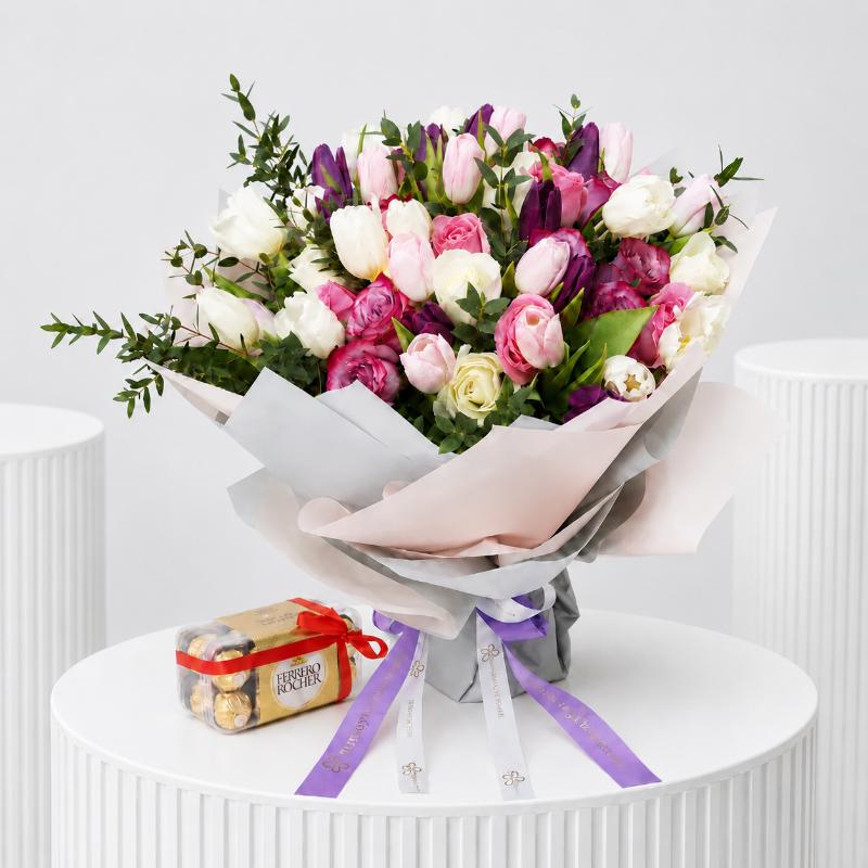 Modest 60 Roses and Tulips Bouquet with Ferrero Rocher - Gift Sets gift from Buy Any Flowers Dubai in Al Quoz Industrial Area 4, Dubai, UAE