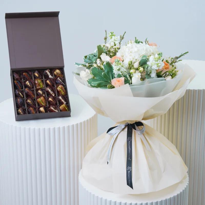 Peach Ivory Flower Bouquet With Dates - Gift Sets gift from Buy Any Flowers Dubai in Al Quoz Industrial Area 4, Dubai, UAE