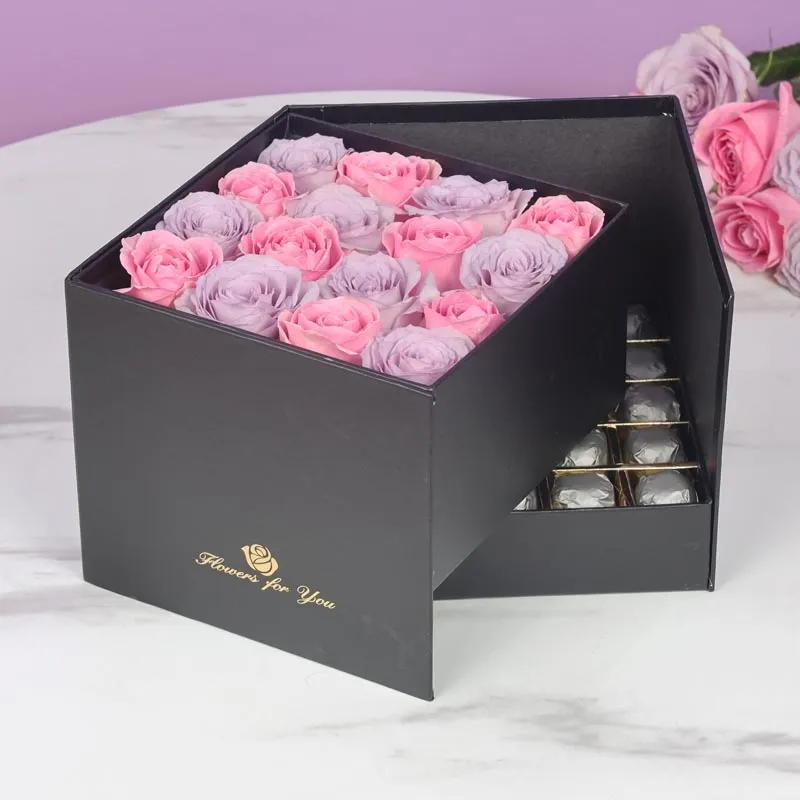 Purple and Pink Roses in Box with Chocolates thumbnail 2