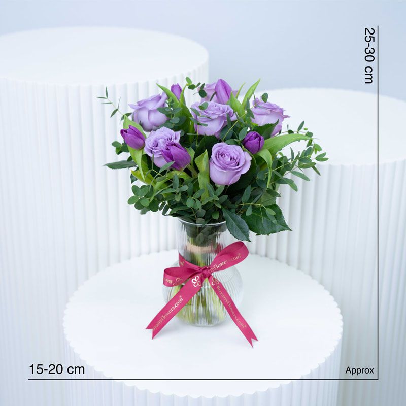 Mauve 11 Roses and Tulips in Vase thumbnail 4