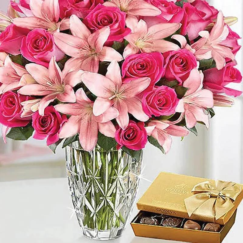 Pink Roses and Lily In Vase with Chocolates thumbnail 3