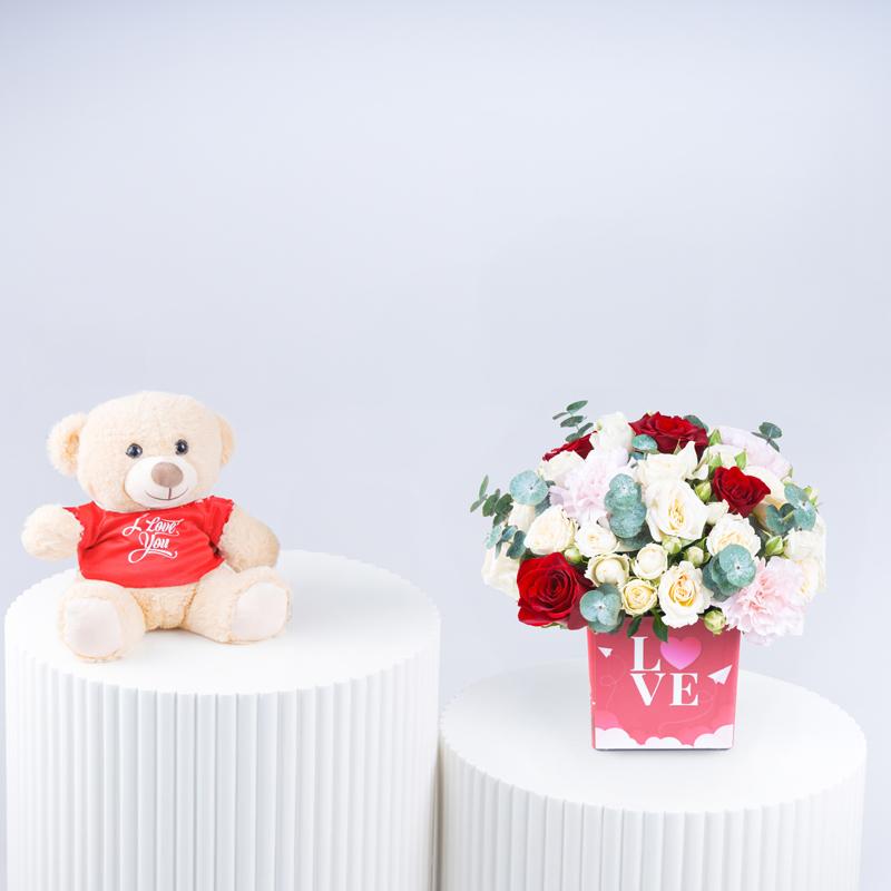 Flower Arrangement For Valentine With Teddy in Dubai