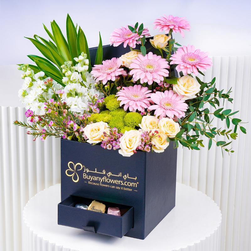 Blush Mix Flower Square Box - Flowers gift from Buy Any Flowers Dubai in Al Quoz Industrial Area 4, Dubai, UAE