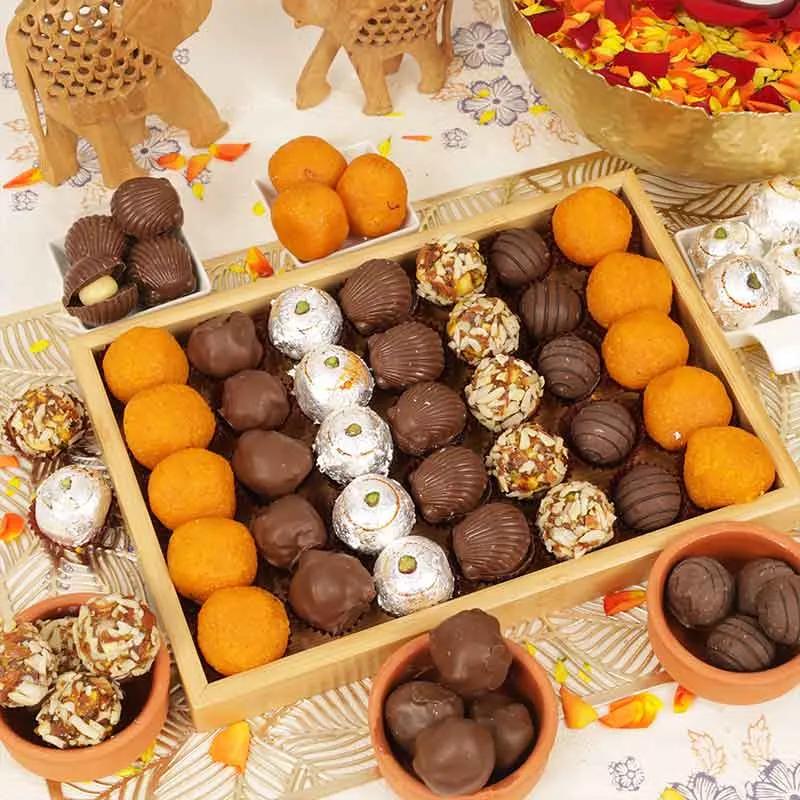 Diwali Sweets and Chocolates in Bamboo Tray
