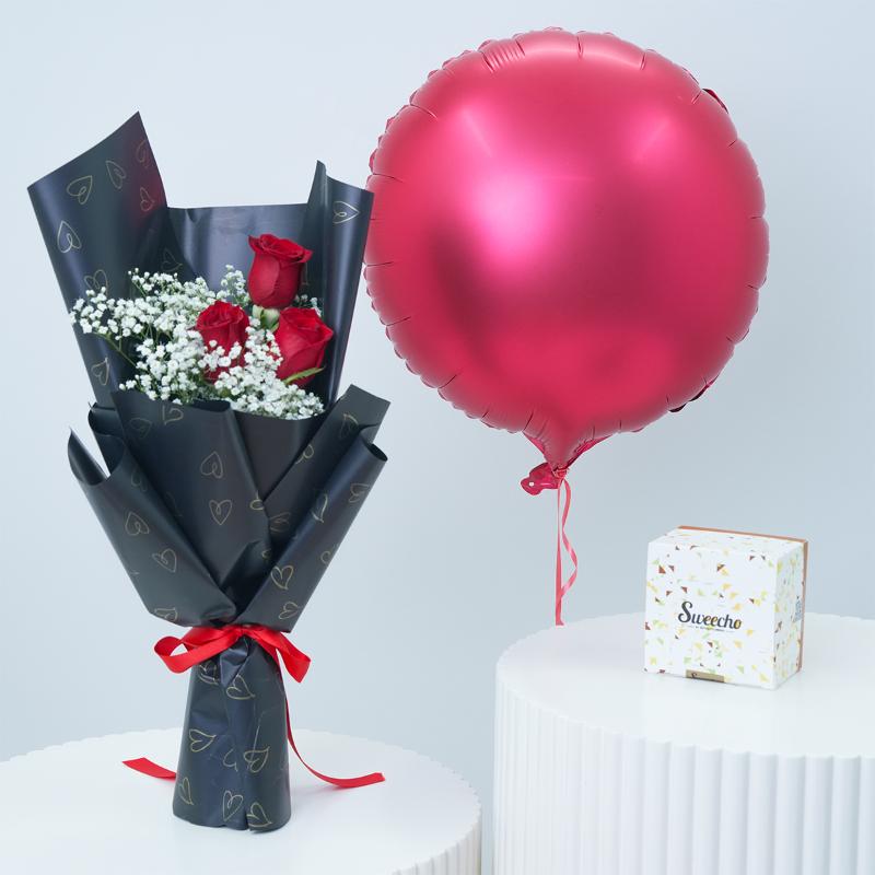 Roses, Balloon and Chocolates Set - Gift Sets gift from Buy Any Flowers Dubai in Al Quoz Industrial Area 4, Dubai, UAE