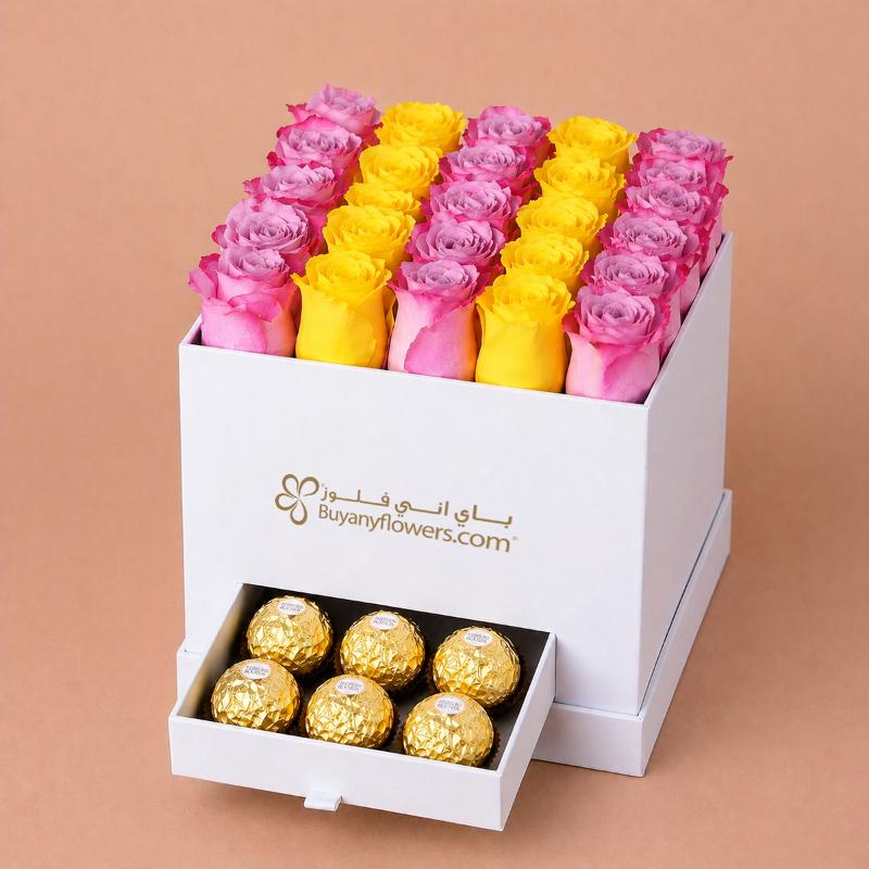Yellow N Purple Roses in White Square Box - Flowers gift from Buy Any Flowers Dubai in Al Quoz Industrial Area 4, Dubai, UAE