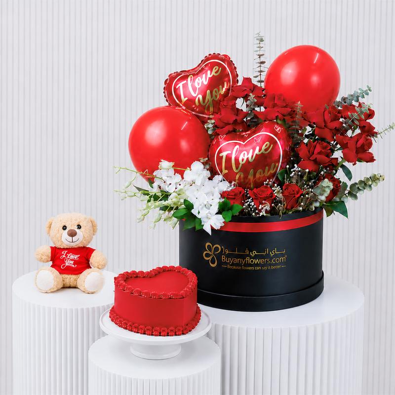 Romantic Flowers with Cake and Balloon - Gift Sets gift from Buy Any Flowers Dubai in Al Quoz Industrial Area 4, Dubai, UAE