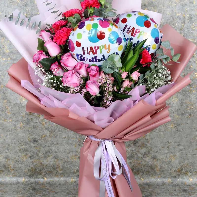 Mauve Flowers and Birthday Balloons Bouquet thumbnail 2