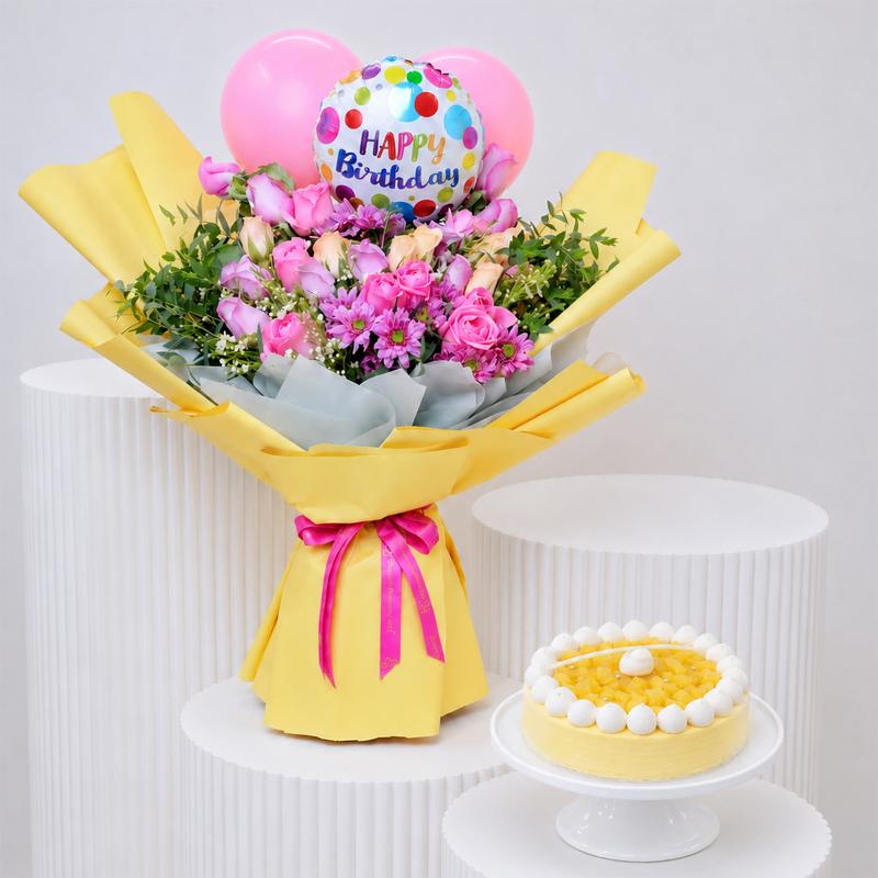 Pastel Birthday Flower and Pineapple Cake - Gift Sets gift from Buy Any Flowers Dubai in Al Quoz Industrial Area 4, Dubai, UAE