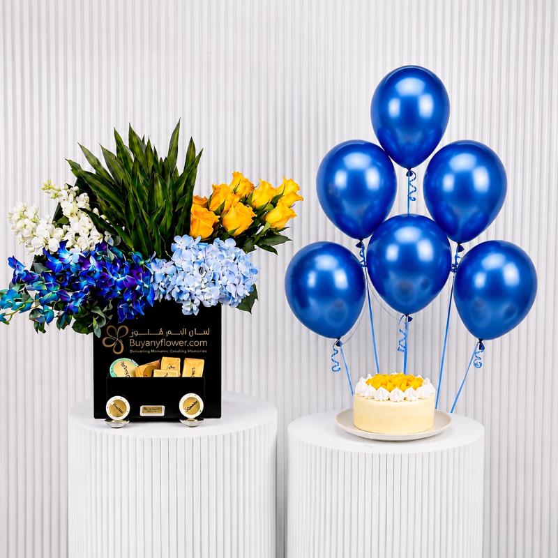 Alpha Flowers with Cake and Balloon - Gift Sets gift from Buy Any Flowers Dubai in Al Quoz Industrial Area 4, Dubai, UAE