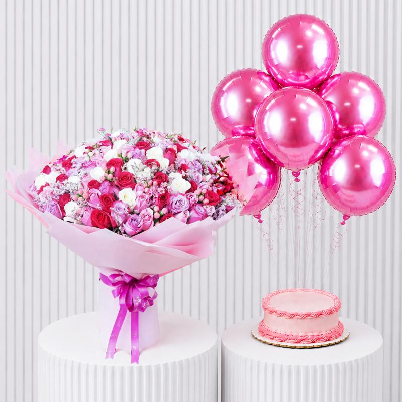Pretty Lady Flowers with Cake and Balloons - Gift Sets gift from Buy Any Flowers Dubai in Al Quoz Industrial Area 4, Dubai, UAE