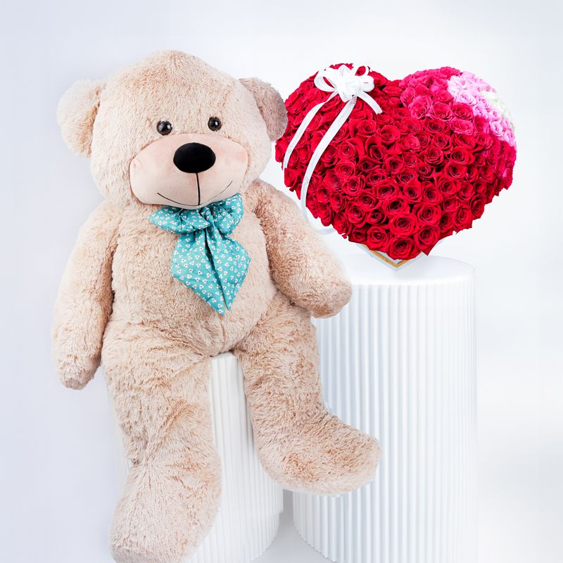 Grand Romance 201 Roses 3D Heart Arrangement With Teddy - Gift Sets gift from Buy Any Flowers Dubai in Al Quoz Industrial Area 4, Dubai, UAE