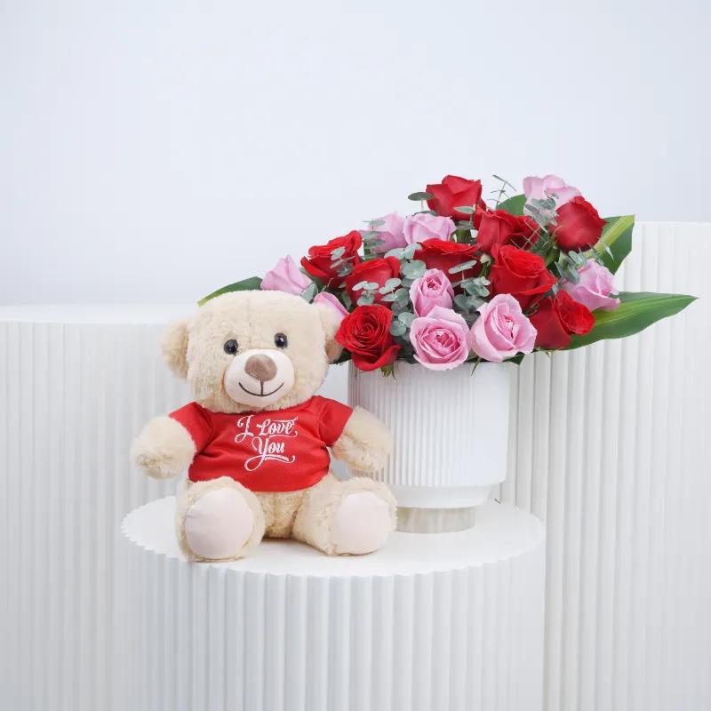 Blush Red and Pink Roses Arrangement with Teddy - Gift Sets gift from Buy Any Flowers Dubai in Al Quoz Industrial Area 4, Dubai, UAE