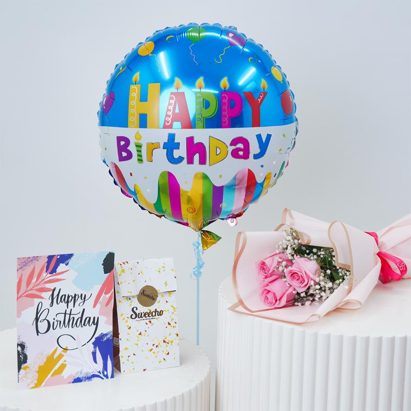 Pink Roses & Chocolate with Birthday Balloon in Dubai