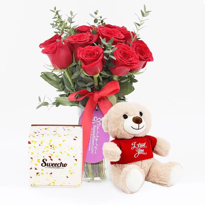 Beauty 11 Red Roses Vase with Teddy and Chocolate