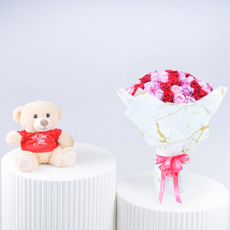 Lady Luck 101 Roses With Teddy - Gift Sets gift from Buy Any Flowers Dubai in Al Quoz Industrial Area 4, Dubai, UAE