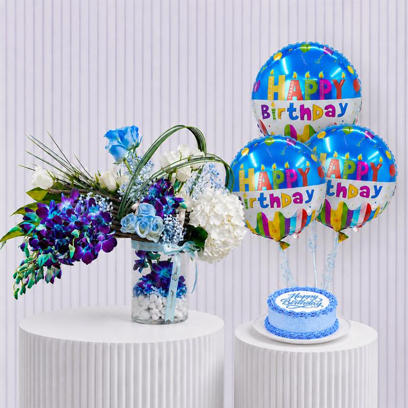 Birthday Snow Flower with Cake and Balloons - Gift Sets gift from Buy Any Flowers Dubai in Al Quoz Industrial Area 4, Dubai, UAE