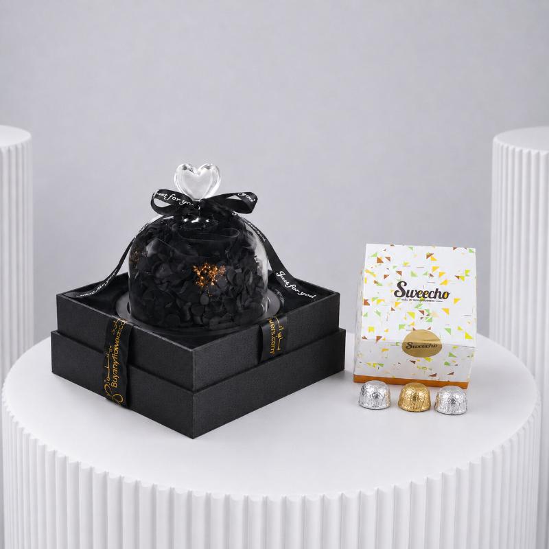 Designer Black Preserved Rose and Chocolates - Gift Sets gift from Buy Any Flowers Dubai in Al Quoz Industrial Area 4, Dubai, UAE