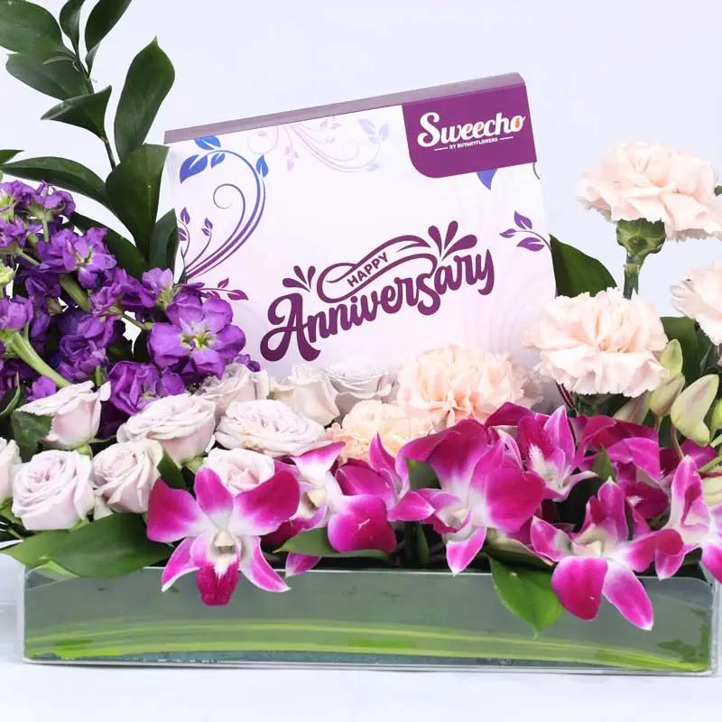 Wishes Flowers and Aniiversary Chocolates Arrangement thumbnail 2