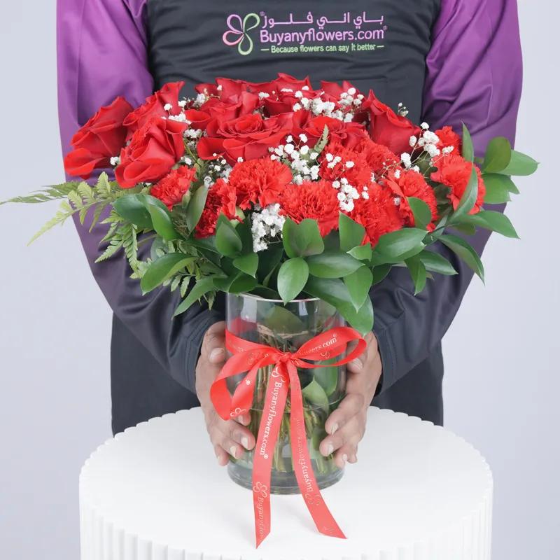 Love 21 Red Roses and Carnations in Vase - Flowers gift from Buy Any Flowers Dubai in Al Quoz Industrial Area 4, Dubai, UAE - image 2