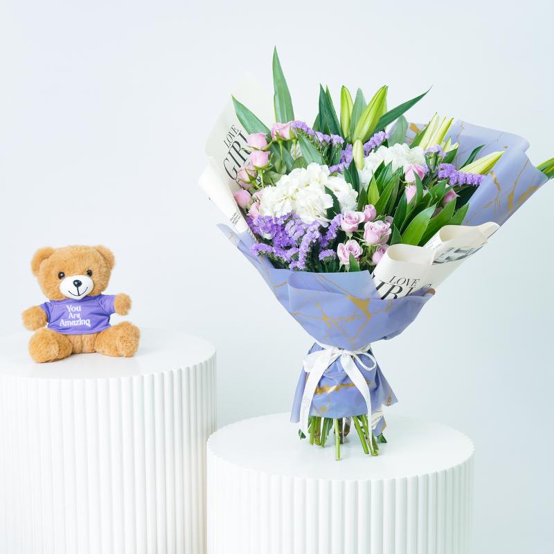 Ivory Lilac Bouquet With Teddy - Gift Sets gift from Buy Any Flowers Dubai in Al Quoz Industrial Area 4, Dubai, UAE