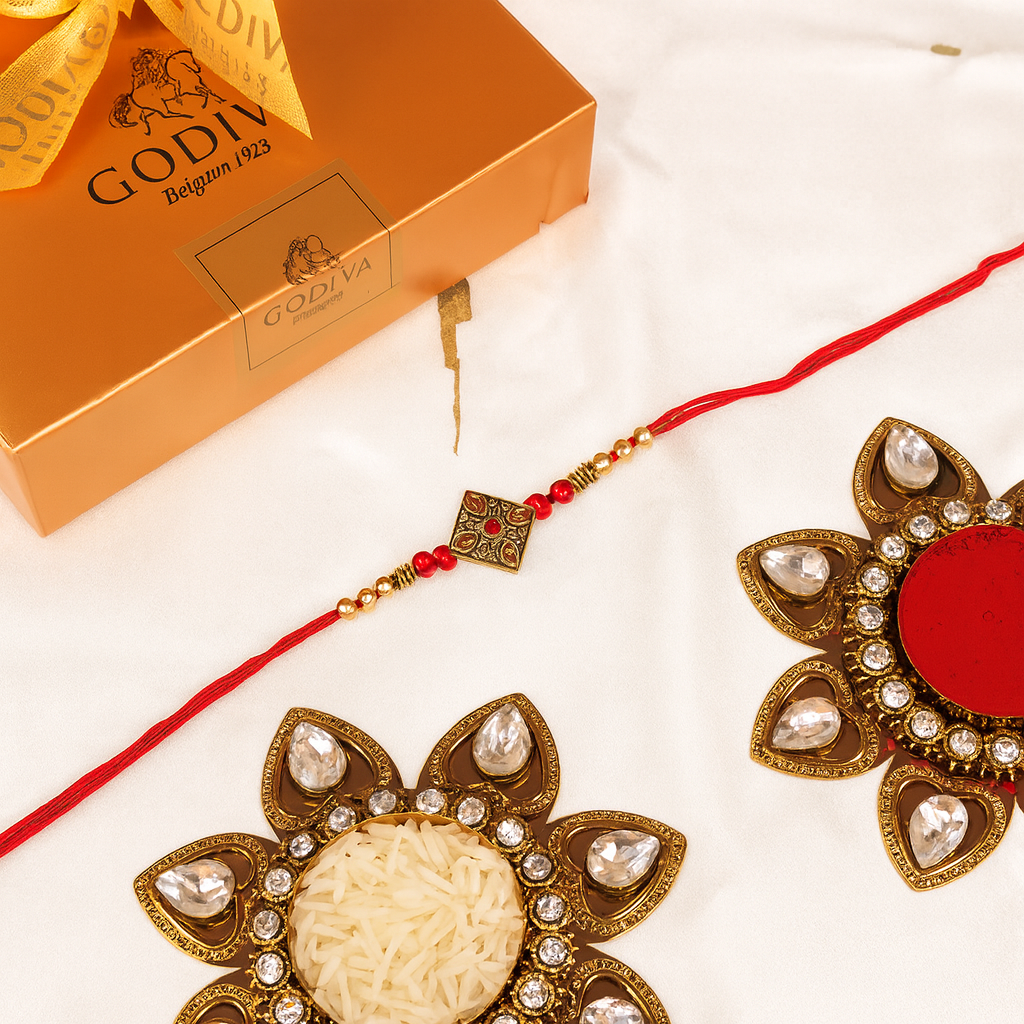 Antique Kundan Rakhi and Godiva Gold Ballotin