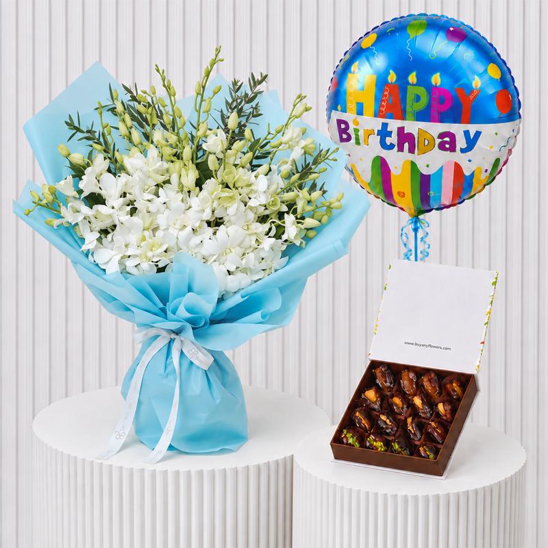 Birthday Orchid with Assorted Dates and Balloon - Gift Sets gift from Buy Any Flowers Dubai in Al Quoz Industrial Area 4, Dubai, UAE