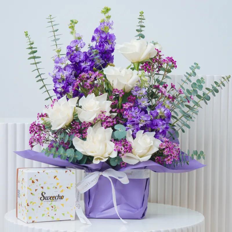 Purple Bloom Vase With Chocolate - Gift Sets gift from Buy Any Flowers Dubai in Al Quoz Industrial Area 4, Dubai, UAE