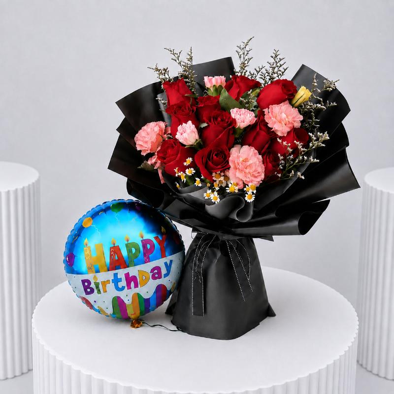 Crimson Pink and Birthday Balloon - Gift Sets gift from Buy Any Flowers Dubai in Al Quoz Industrial Area 4, Dubai, UAE