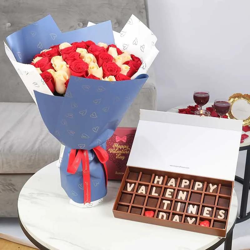 Peach Cherry Bouquet and Happy Valentines Day Chocolates By Sweecho
