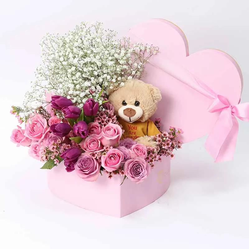 Soft Heart Flower Box and Teddy - Flowers gift from Buy Any Flowers Dubai in Al Quoz Industrial Area 4, Dubai, UAE