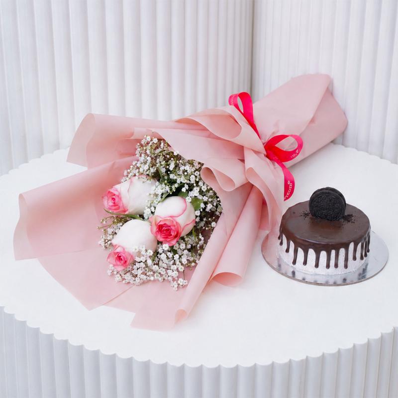 Pink Rose Bouquet & Oreo Cake Combo - Gift Sets gift from Buy Any Flowers Dubai in Al Quoz Industrial Area 4, Dubai, UAE
