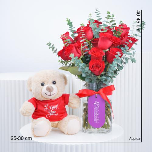 Beauty 21 Red Roses Vase and I Love You Teddy - Gift Sets gift from Buy Any Flowers Dubai in Al Quoz Industrial Area 4, Dubai, UAE - image 4