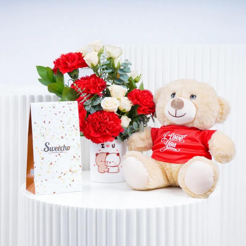 Thought 7 Carnation and Roses in Mug Trio - Gift Sets gift from Buy Any Flowers Dubai in Al Quoz Industrial Area 4, Dubai, UAE