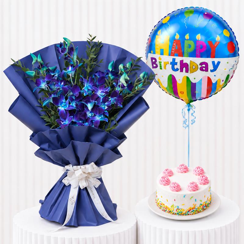 Birthday Orchids with Cake and Balloon - Gift Sets gift from Buy Any Flowers Dubai in Al Quoz Industrial Area 4, Dubai, UAE