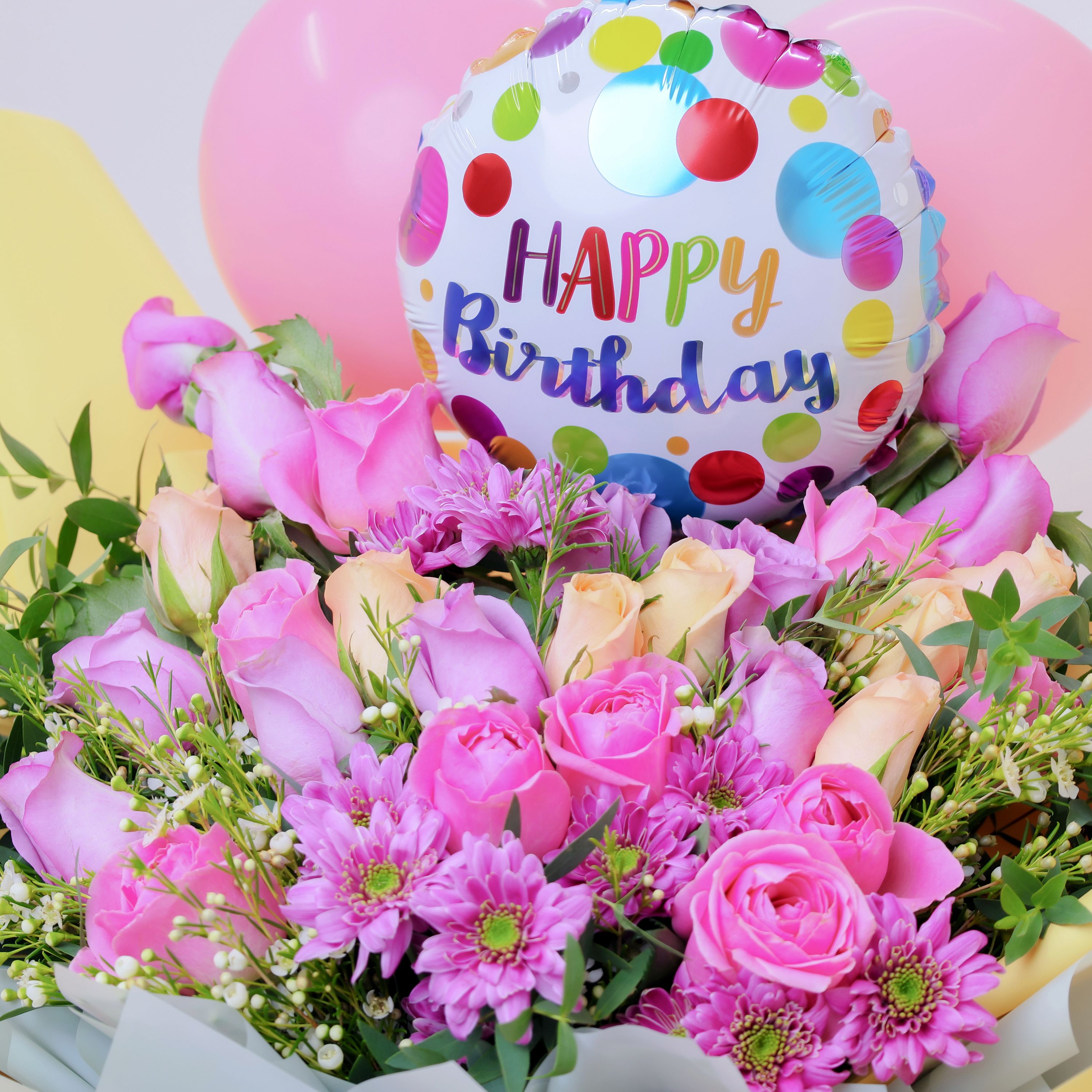 Pastel Flowers and Birthday Balloons Bouquet thumbnail 3