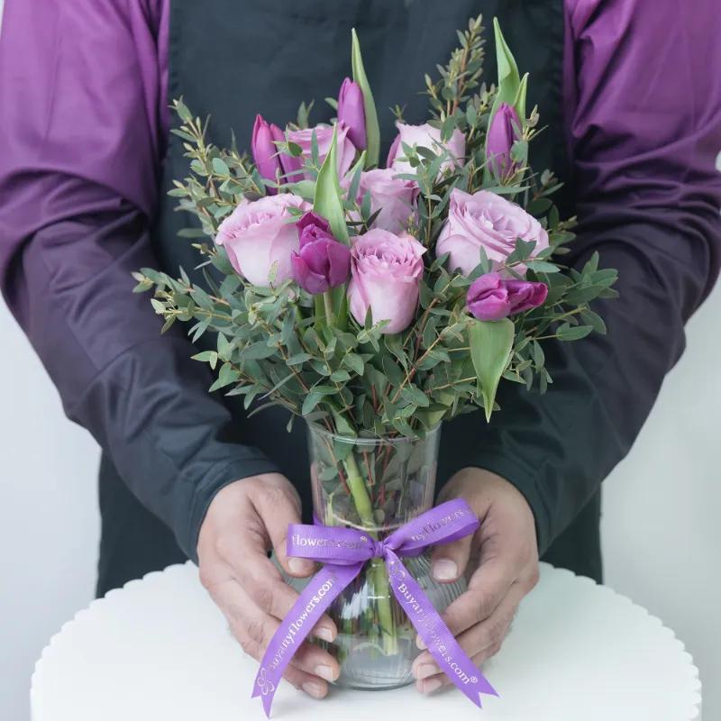 Mauve 11 Roses and Tulips in Vase - Flowers gift from Buy Any Flowers Dubai in Al Quoz Industrial Area 4, Dubai, UAE - image 2