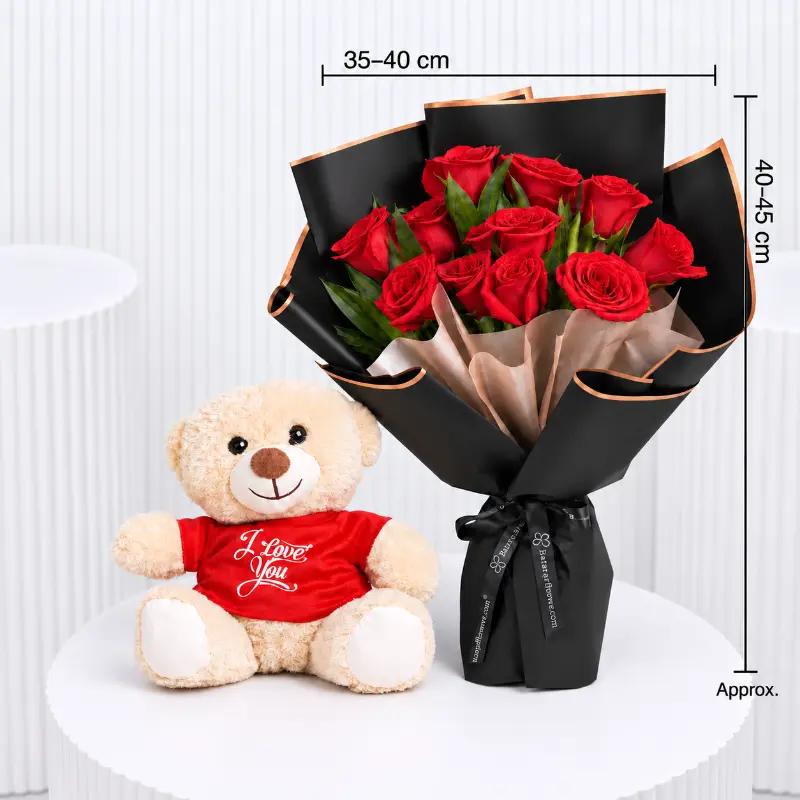 Beauty 11 Red Roses Bouquet with Teddy - Gift Sets gift from Buy Any Flowers Dubai in Al Quoz Industrial Area 4, Dubai, UAE - image 3