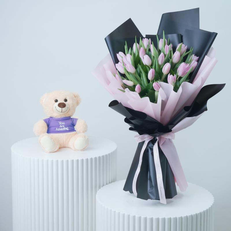 Dark Beauty 25 Tulips Bouquet With Teddy - Gift Sets gift from Buy Any Flowers Dubai in Al Quoz Industrial Area 4, Dubai, UAE