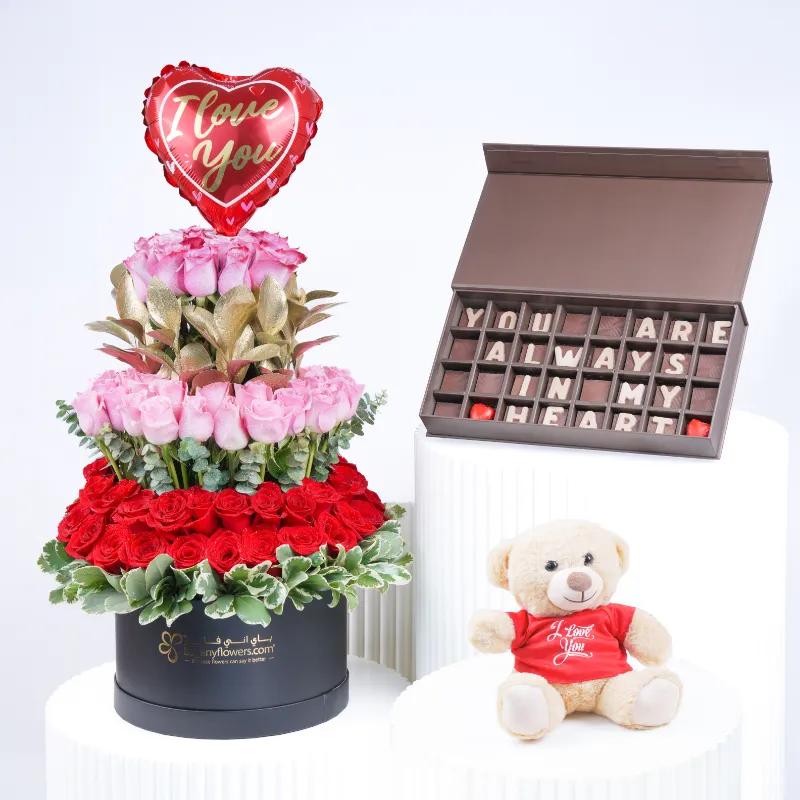 Tower of Love 101 Roses Box Trio - Gift Sets gift from Buy Any Flowers Dubai in Al Quoz Industrial Area 4, Dubai, UAE