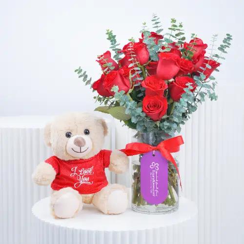 Beauty 21 Red Roses Vase and I Love You Teddy - Gift Sets gift from Buy Any Flowers Dubai in Al Quoz Industrial Area 4, Dubai, UAE