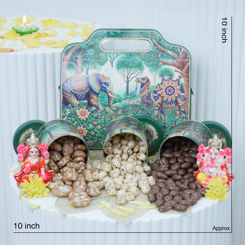 Luxury Diwali Gift Box with Lakshmi Ganesh Idols & Assorted Nuts thumbnail 3