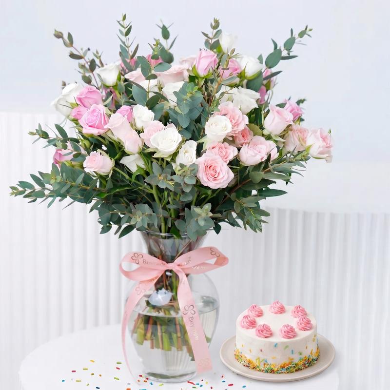 Pastel Baby Roses and Vanilla Cake - Gift Sets gift from Buy Any Flowers Dubai in Al Quoz Industrial Area 4, Dubai, UAE
