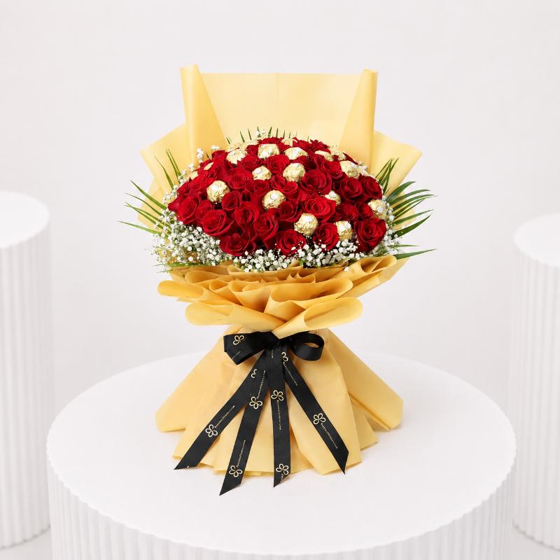 Love 51 Red Roses and Ferrero Bouquet - Chocolates gift from Buy Any Flowers Dubai in Al Quoz Industrial Area 4, Dubai, UAE